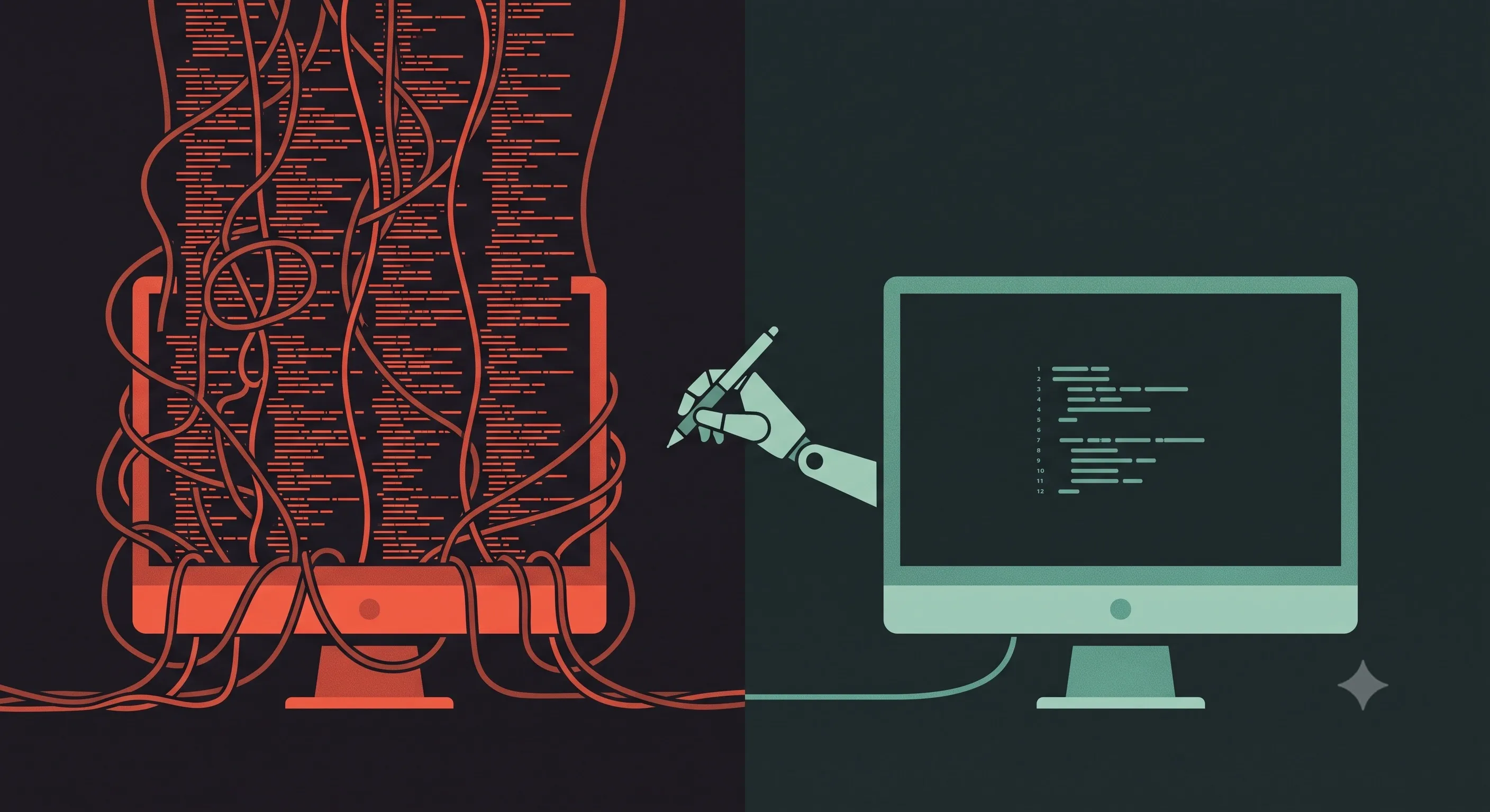 Split illustration: a monitor tangled in red inline code on the left, a clean monitor with a robotic hand writing structured code on the right